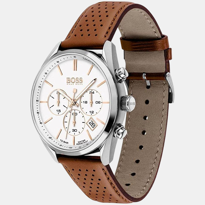 Boss Champion Men Quartz White Dial Chronograph Leather Watch 1513879