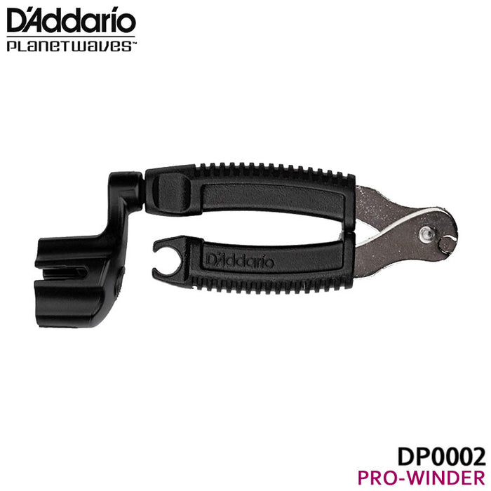 Black guitar string winder and cutter tool with serrated thumb grip and cutter