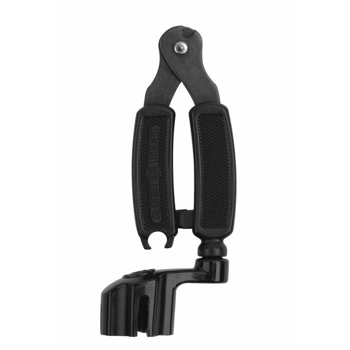 Black guitar string winder and cutter tool, isolated with jaw detail