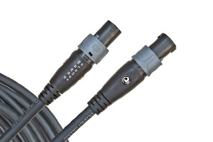 Black speaker cable with molded connector ends, close-up view of two plugs