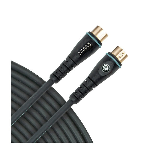 Close-up MIDI cable ends with two gold 5-pin DIN male connectors on black cable