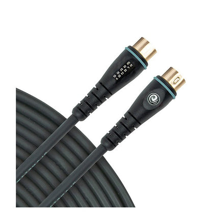 Close-up MIDI cable ends with two gold 5-pin DIN male connectors on black cable