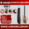 Natural electric guitar kit with HUSH X earpiece, strap, tuner, TS cable, and guitar