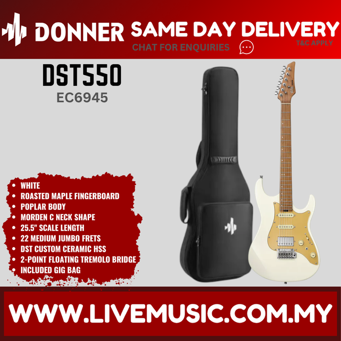 White electric guitar with roasted maple fingerboard and gigbag