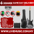 Black electric guitar with HPL fingerboard, gigbag, and amplifier on display