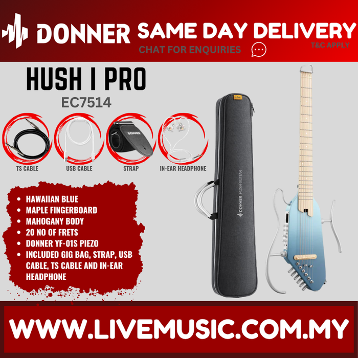 Hush-i Pro acoustic electric guitar kit in Hawaiian blue with maple fingerboard and case