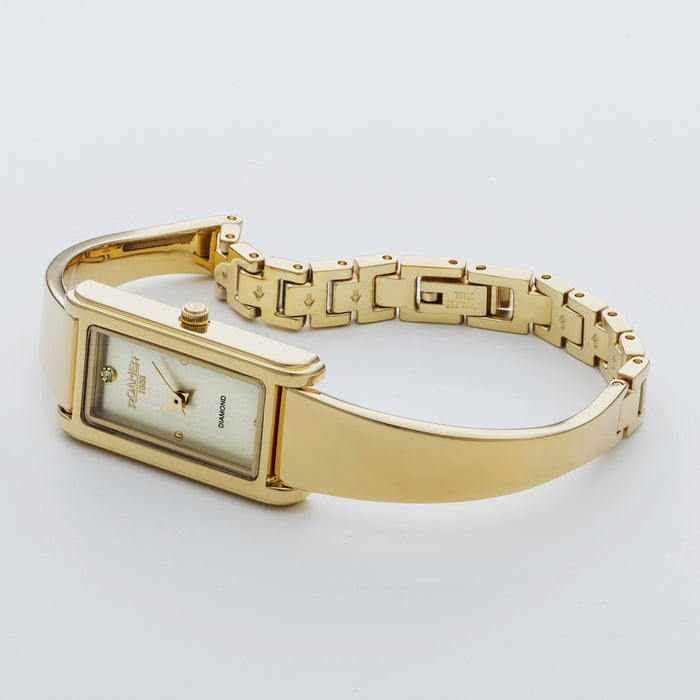 Elegance Diamond Women Quartz Gold Dial Analog Stainless Steel Watch 866845 48 35 20