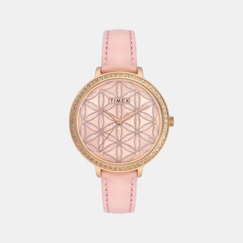 Fashion Women Quartz Pink Dial Analog Leather Watch TWEL14707