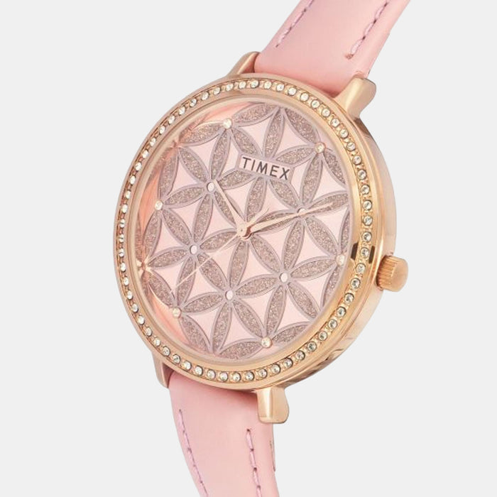 Fashion Women Quartz Pink Dial Analog Leather Watch TWEL14707