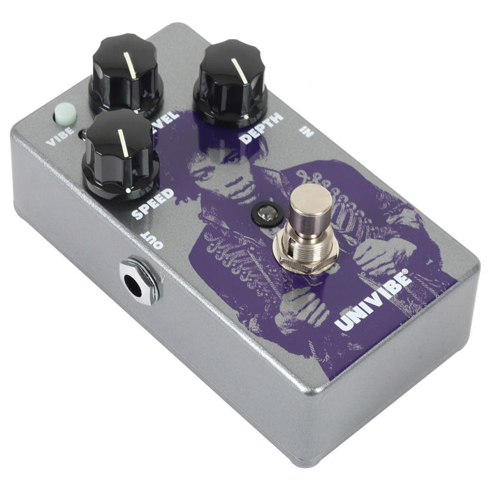Silver Univibe chorus/vibrato guitar pedal with four black knobs and output jack
