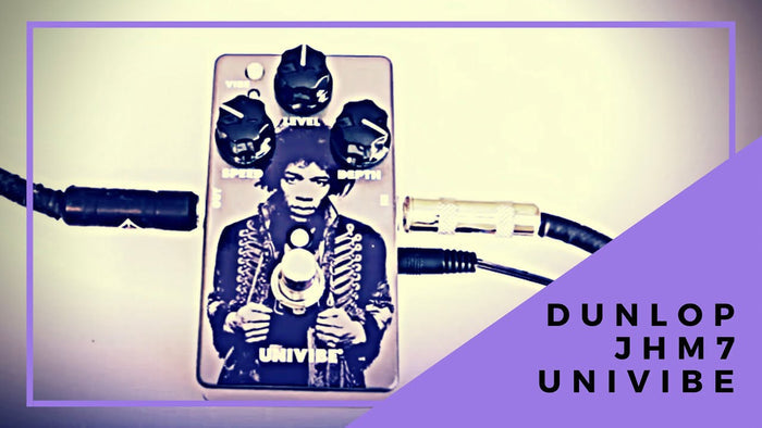 Jim Dunlop JHM7 Univibe pedal with purple faceplate and connected guitar cables