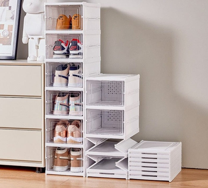 Multi-tier stackable foldable sneaker storage boxes