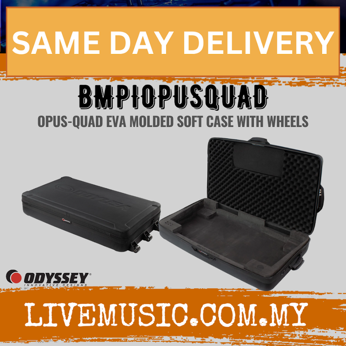 Black EVA molded soft case with wheels, shown open and closed