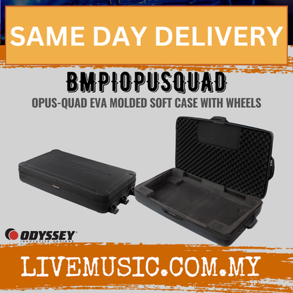 Black EVA molded soft case with wheels, shown open and closed