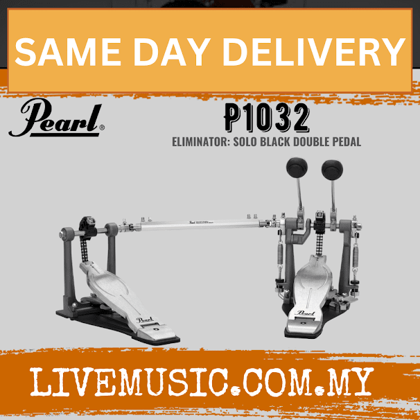 Pearl double bass drum pedal with solo cam, black metal frame and beater footboards