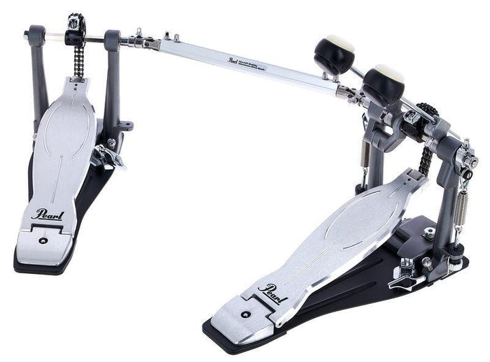 Black double bass drum pedal set with two footboards and mounted beaters, Pearl