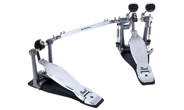 Double bass drum pedal with two beaters and footboards, black hardware and silver arms