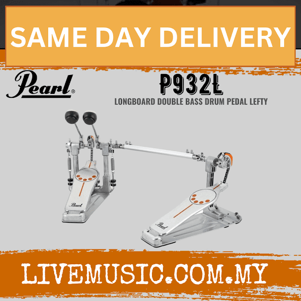 Left-sided longboard double bass drum pedal, chrome frame with two footboards