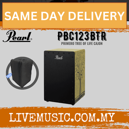 Tree of Life cajon with black front panel and natural wood side artwork