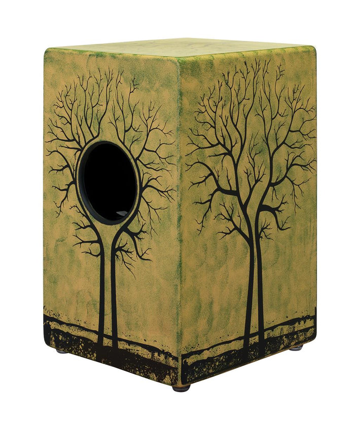 Tree of Life cajon with circular sound hole on illustrated front panel