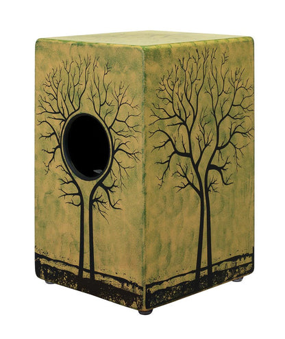 Tree of Life cajon with circular sound hole on illustrated front panel