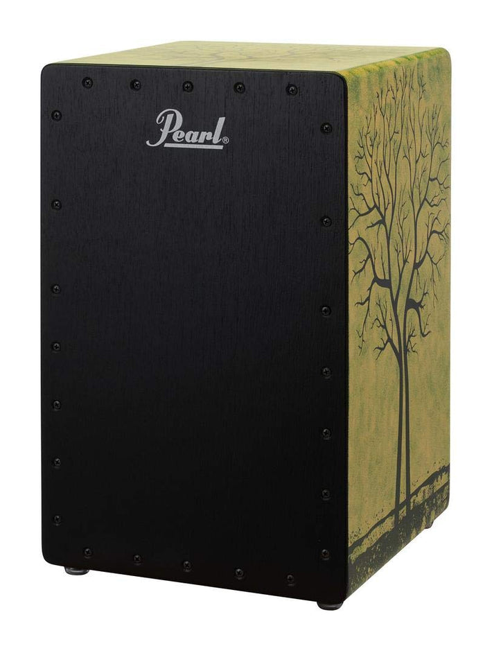 Tree of Life cajon with black front, Pearl badge, and tree-pattern side panel