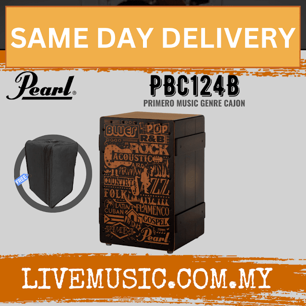 Black Pearl cajon with colorful genre front panel, shown with included carry bag