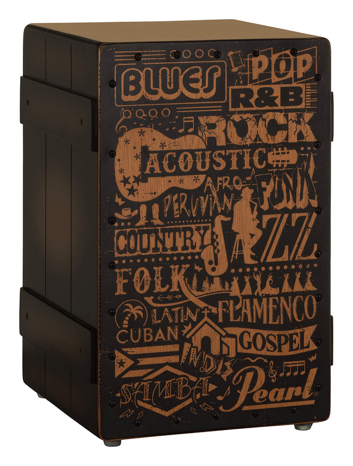 Black cajon with square front face printed with blue, pop and genre text