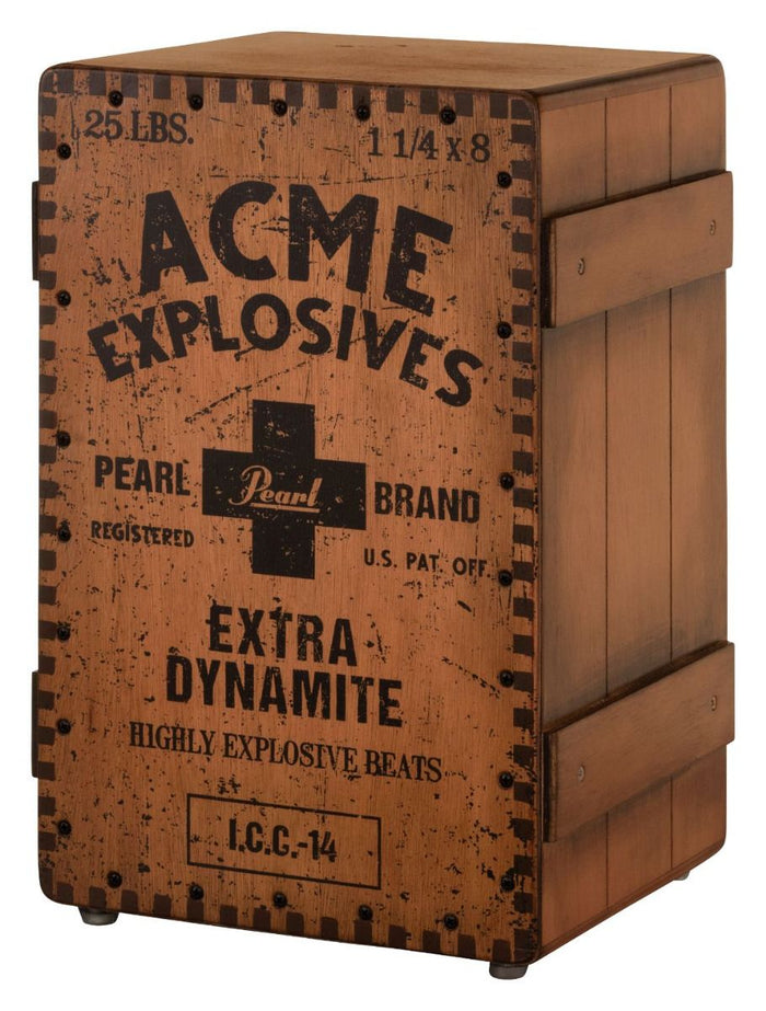 Wooden crate-style cajon with ACME Explosives front panel and sound-hole top