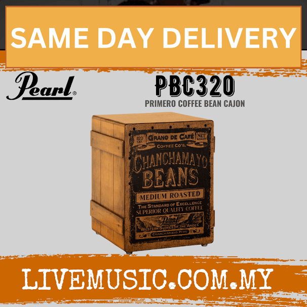 Crate-style cajon with coffee-bean label, dark wood finish