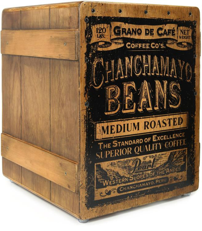 Wood cajon with coffee-beans printed front panel and dark hardware