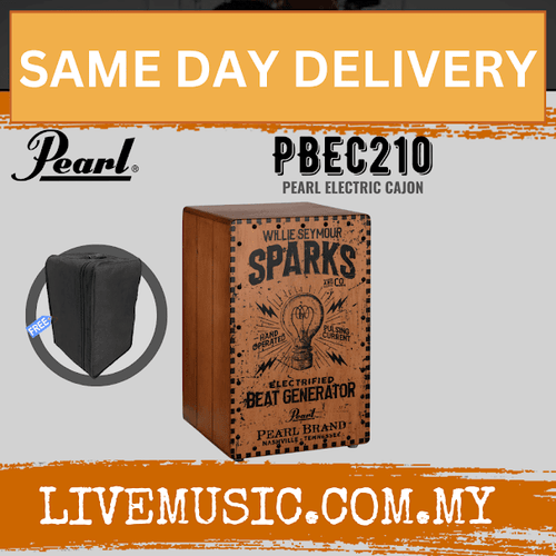 Electronic crate-style cajon with Willie Seymour Sparks graphic finish and black carry bag