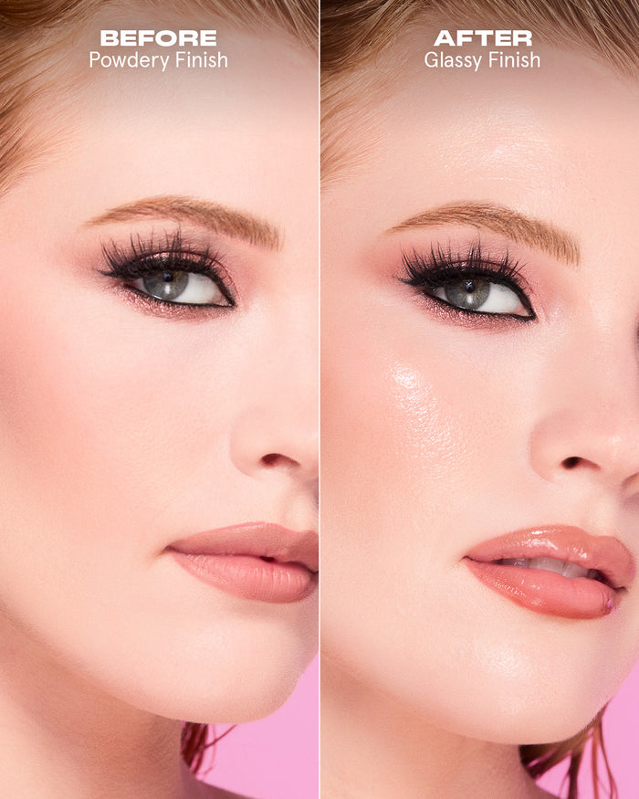 Before and after skin comparison showing Powder Melt Glass Setting Spray's glass-like, hydrated finish