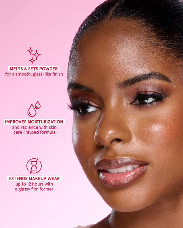 Powder Melt Glass Setting Spray product shot with key claims for 12-hour wear and skin moisturization and radiance