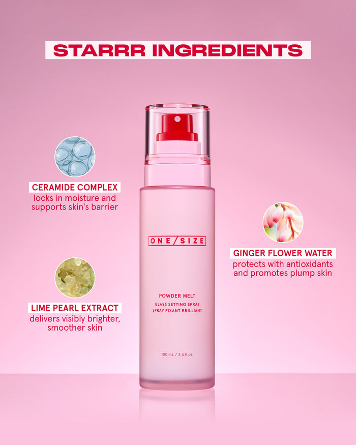 Key ingredients callout for Powder Melt Glass Setting Spray, featuring skincare-infused formula to lock in moisture, plump skin and deliver brighter, smoother skin