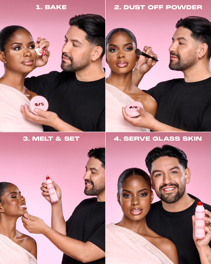 Four steps showing how to apply Powder Melt Glass Setting Spray to reveal glass-skin finish