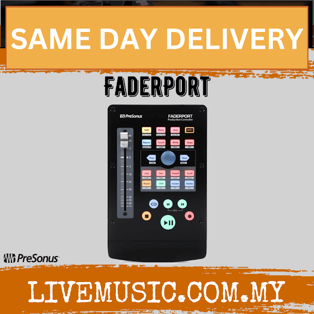 Black front panel fader controller with illuminated button grid and rotary control