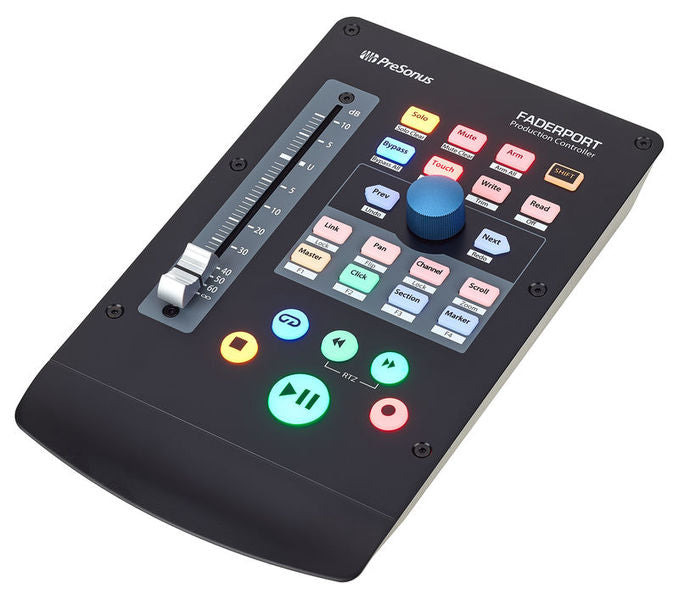 Black fader controller with rotary knob and multicolor buttons, angled view