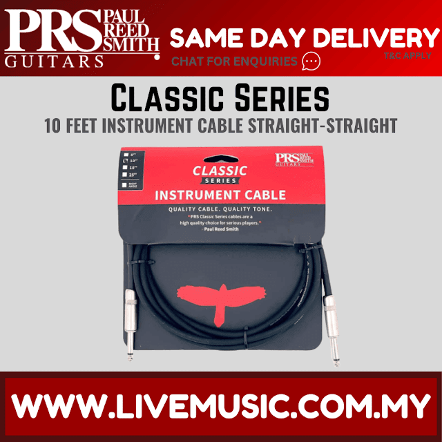 PRS Classic instrument cable retail package, 10 ft straight-to-straight.
