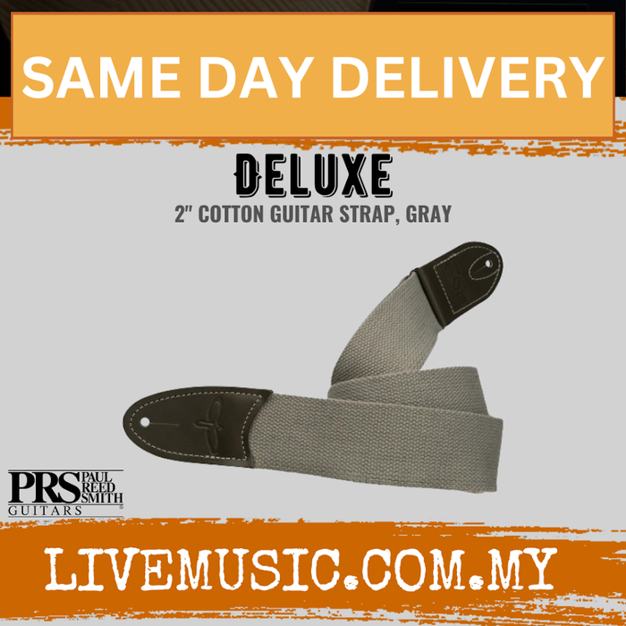 Gray cotton guitar strap with black end tabs and stitched adjustment holes