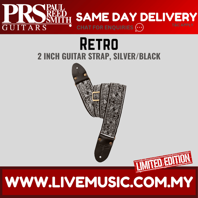 Retro 2-inch guitar strap, silver and black with decorative patterned webbing
