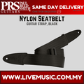 Black nylon seatbelt guitar strap with adjustable end and metal buckle