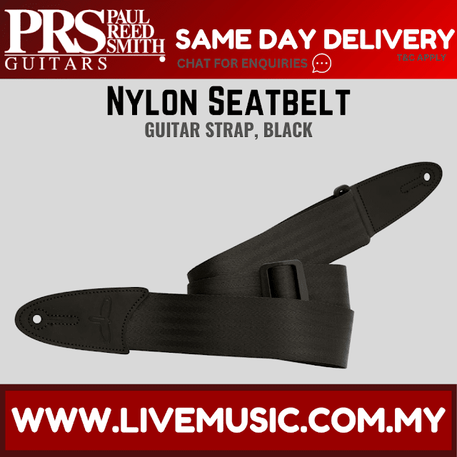 Black nylon seatbelt guitar strap with adjustable end and metal buckle