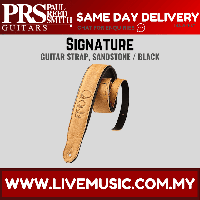 Sandstone/black PRS Signature guitar strap with stitched leather end loop