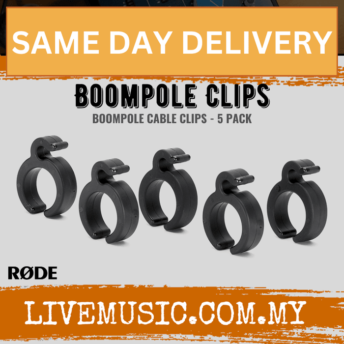 Black boom pole cable clips, 5-pack, round clamp style with side latch tabs