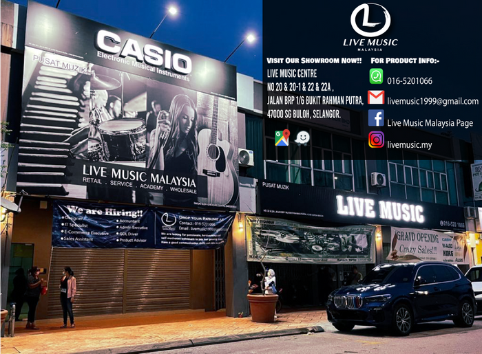 Storefront with CASIO and Live Music signs, billboards, and a parked SUV