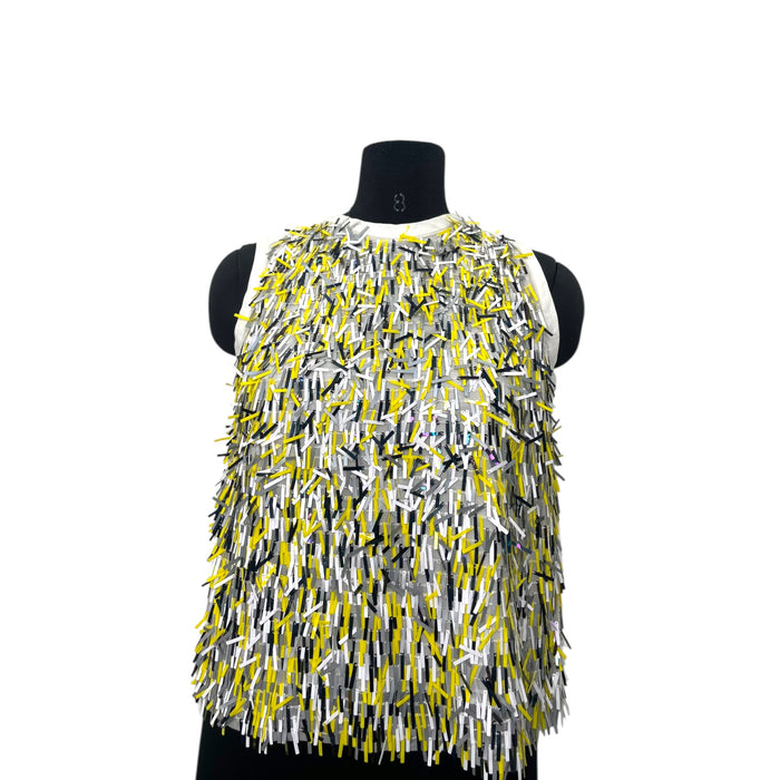 Sandro Yellow Sequin Fringe Embellished Mesh Sleeveless Size S
