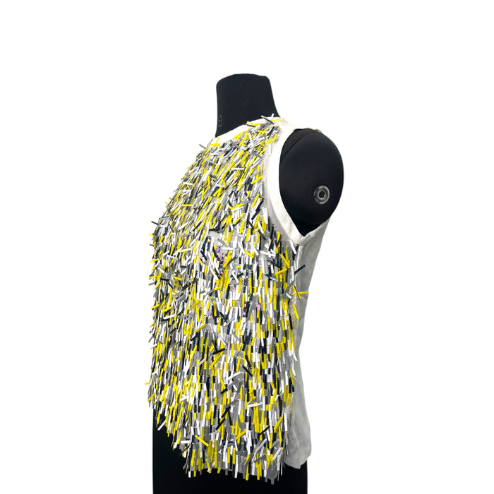 Sandro Yellow Sequin Fringe Embellished Mesh Sleeveless Size S