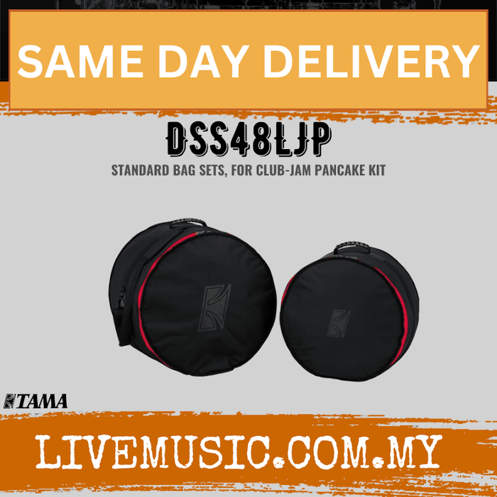 Set of two black drum bags with red piping and TAMA logo, for pancake-style kit