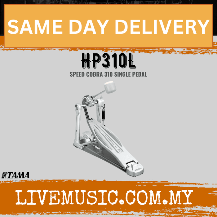 Single bass drum pedal with Tama Speed Cobra beater and chrome footboard
